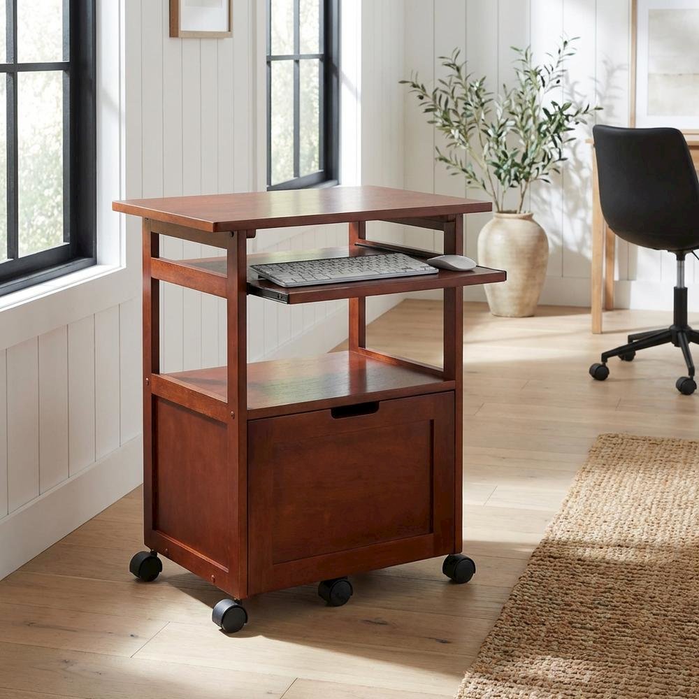 Walnut Work Cart with Keyboard Shelf and Transitional Style
