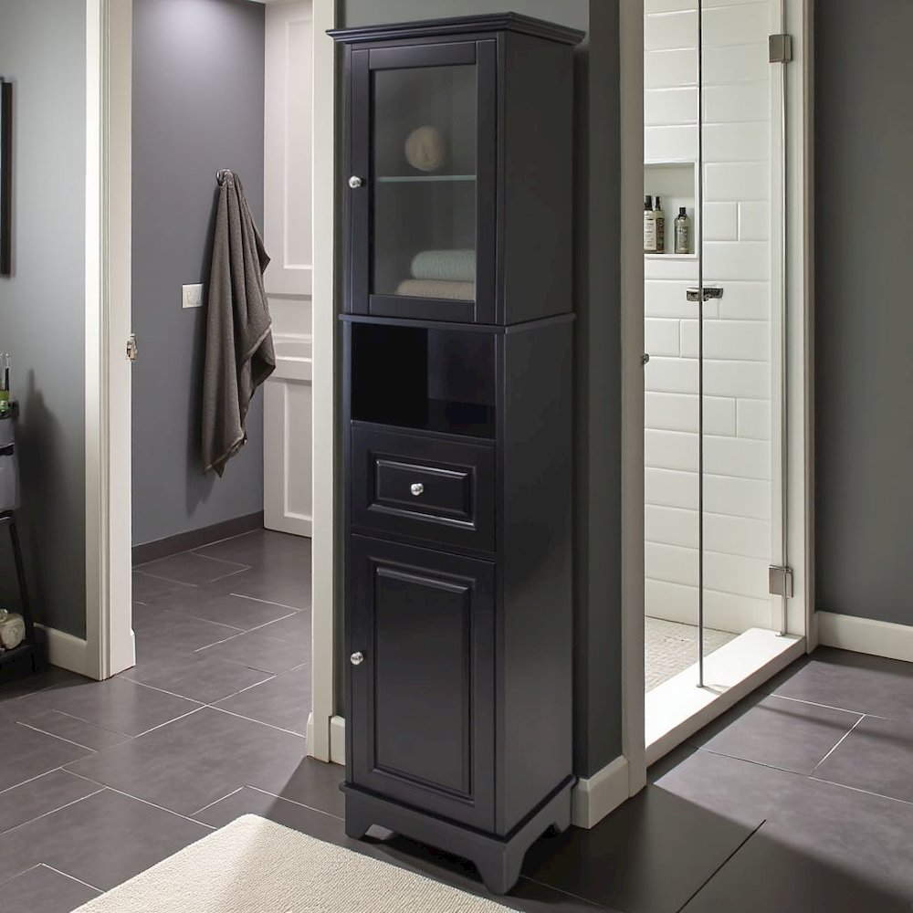 Black Tall Bathroom Storage Cabinet with Glass Door & Drawer