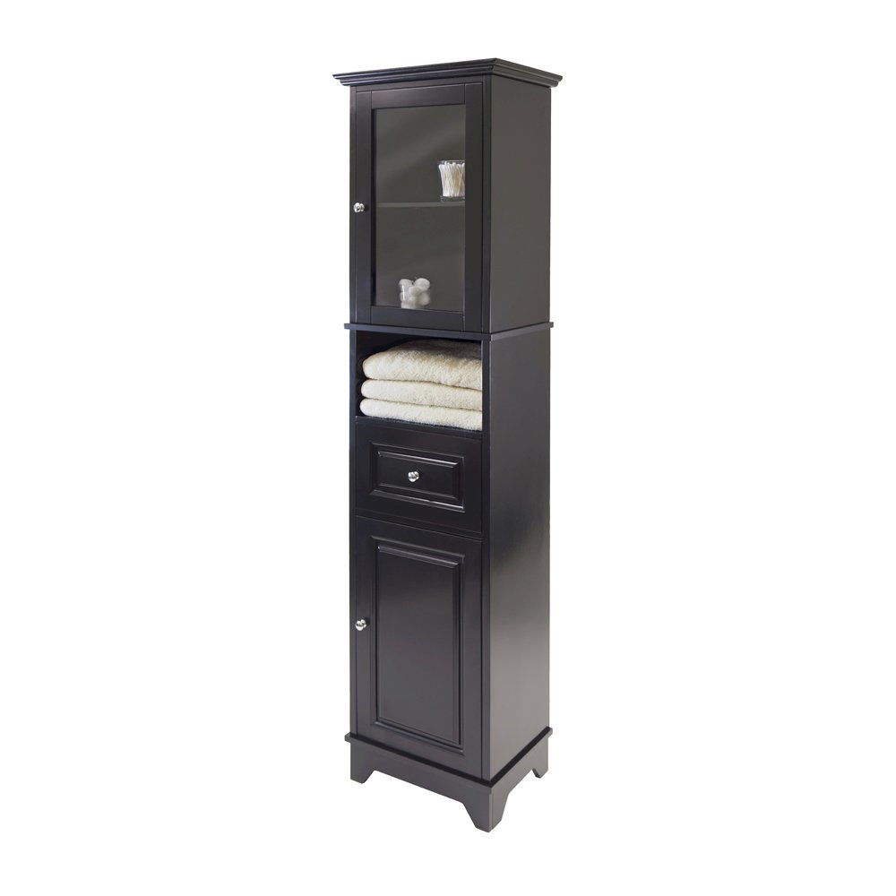 Black Tall Bathroom Storage Cabinet with Glass Door & Drawer