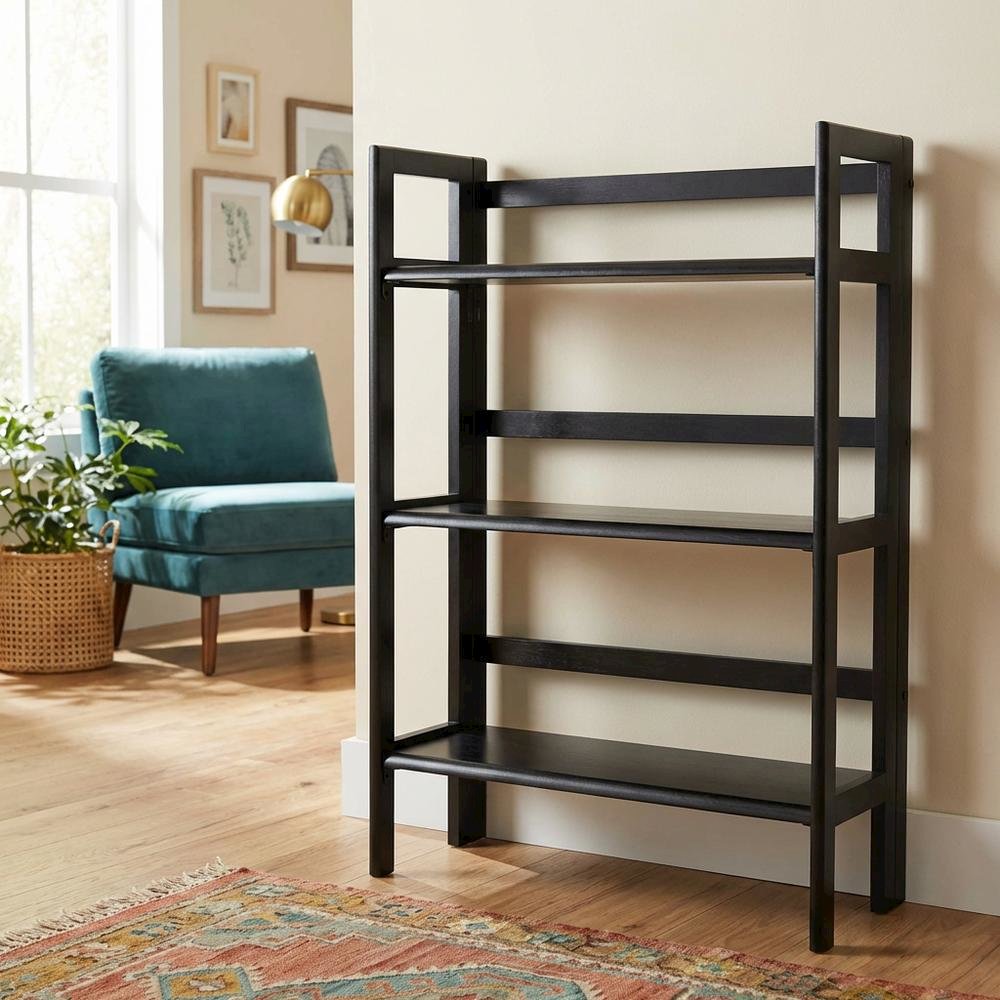 Black Solid Wood Folding Bookcase With 3 Open Folding Shelves Design
