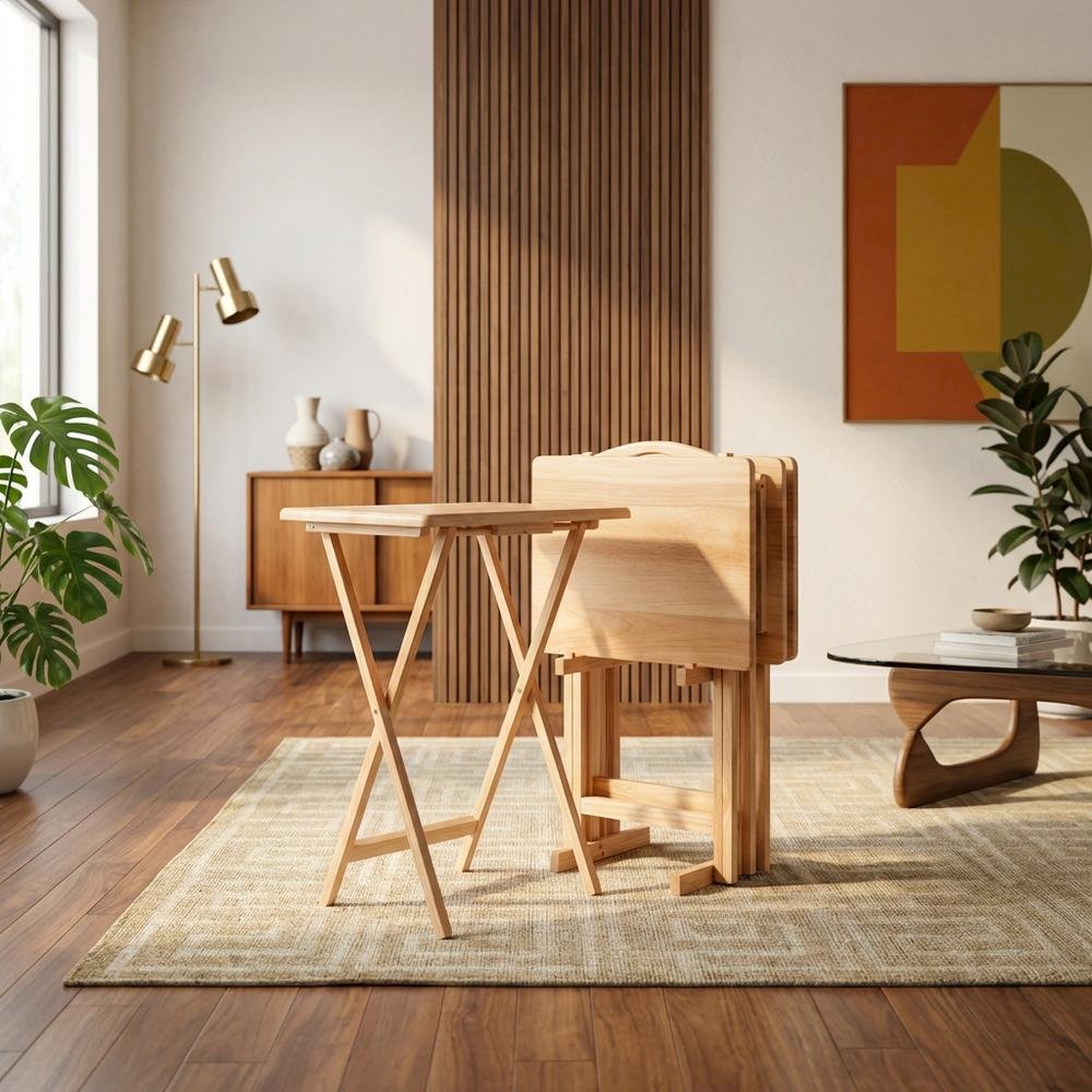 5-PC Folding Tray Table Set, Natural Solid Wood, Portable Rack