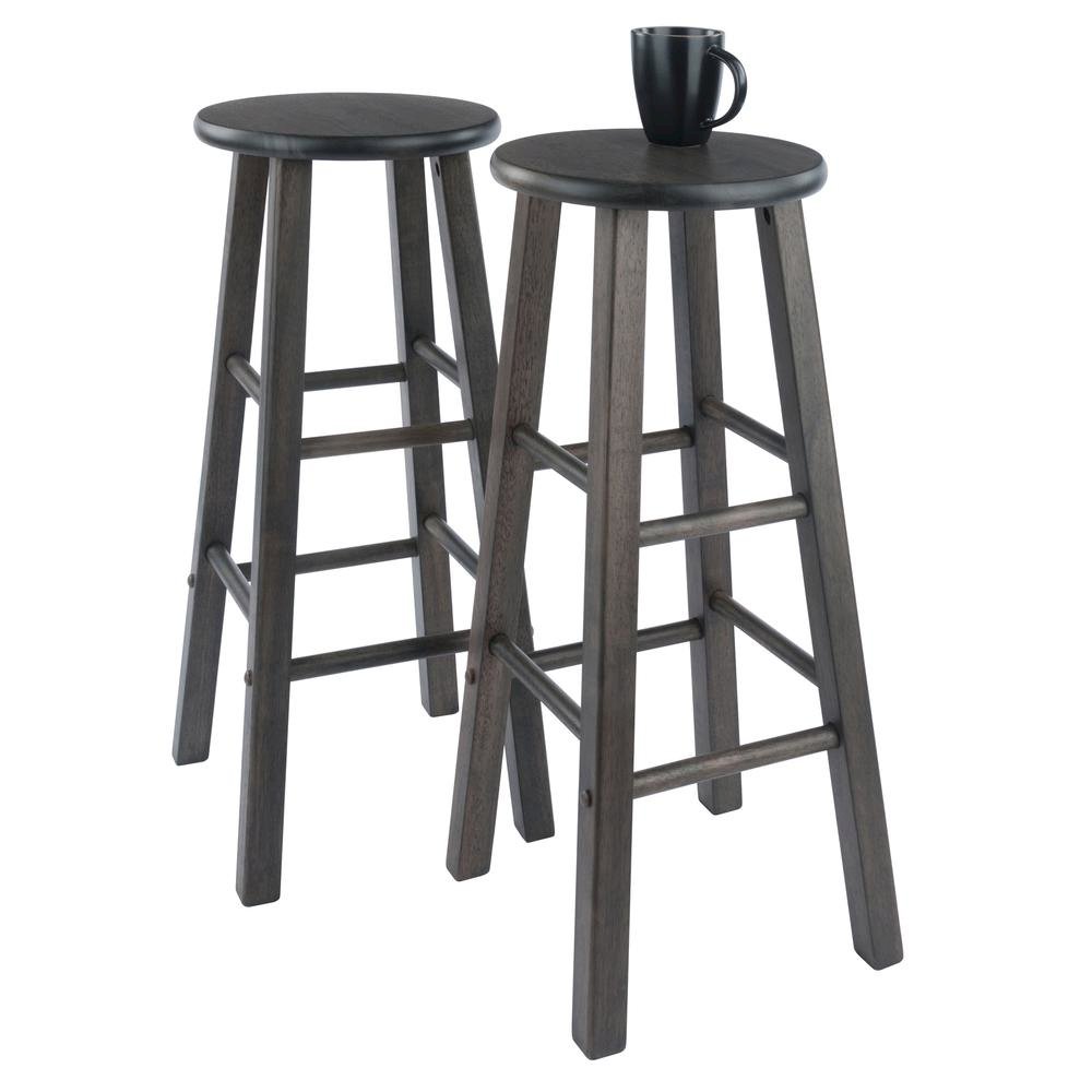 2-PC Bar Stool Set, Solid Wood, Round Seat, Squared Legs, 29 Inch Height