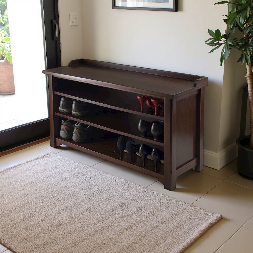 Antique Walnut Entryway Bench with Shoe Storage – Compact & Functional