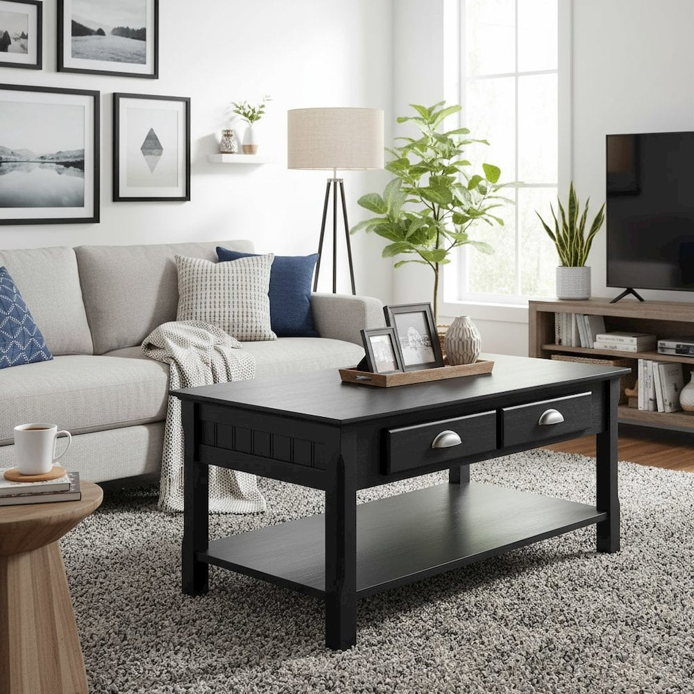 Coffee Table, Two Drawers, Open Shelf, Living Room Center Table