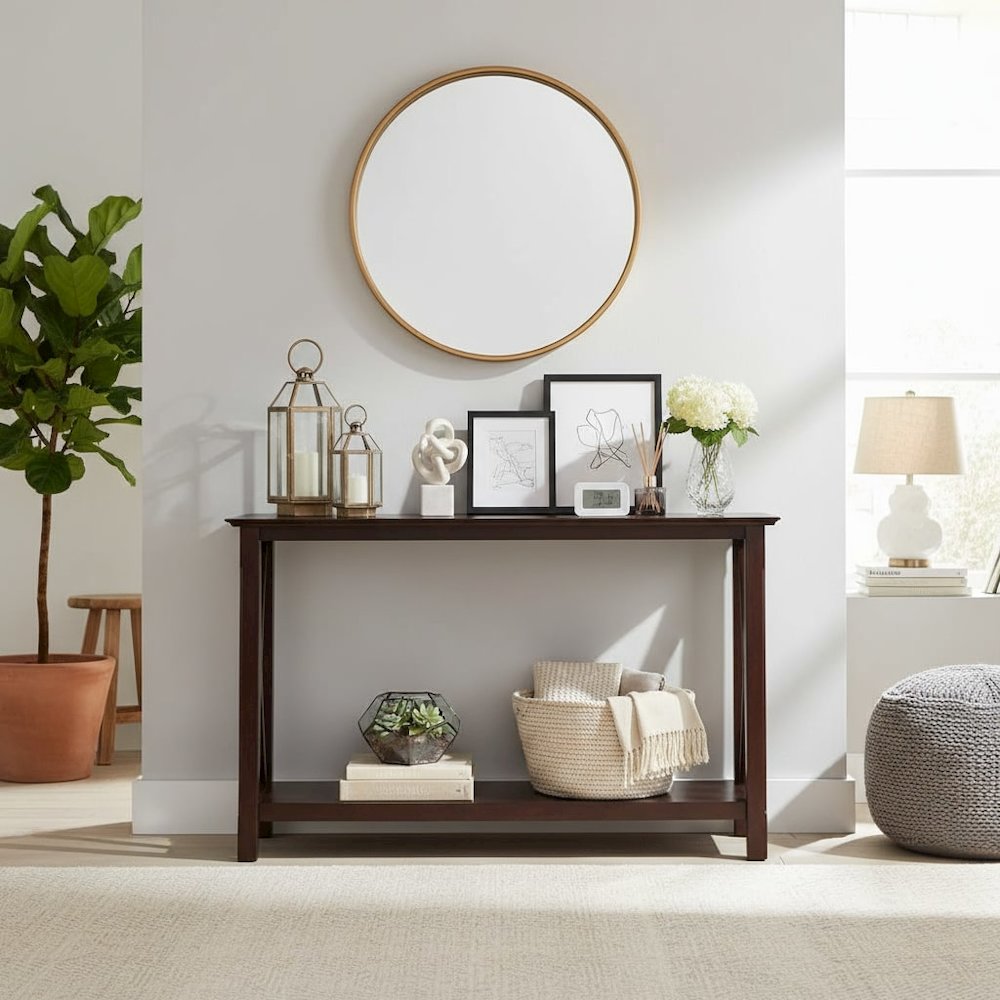 Console Table, Brown Open Shelf, Hallway Entryway Table, Solid Wood