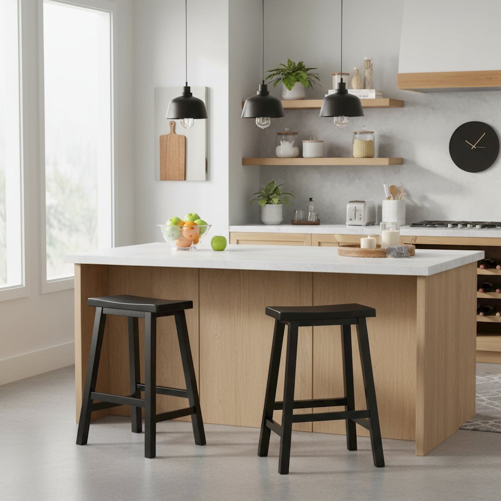Black Solid Wood Saddle Seat Bar Stool, 24 Inch Stool for Counter Dining