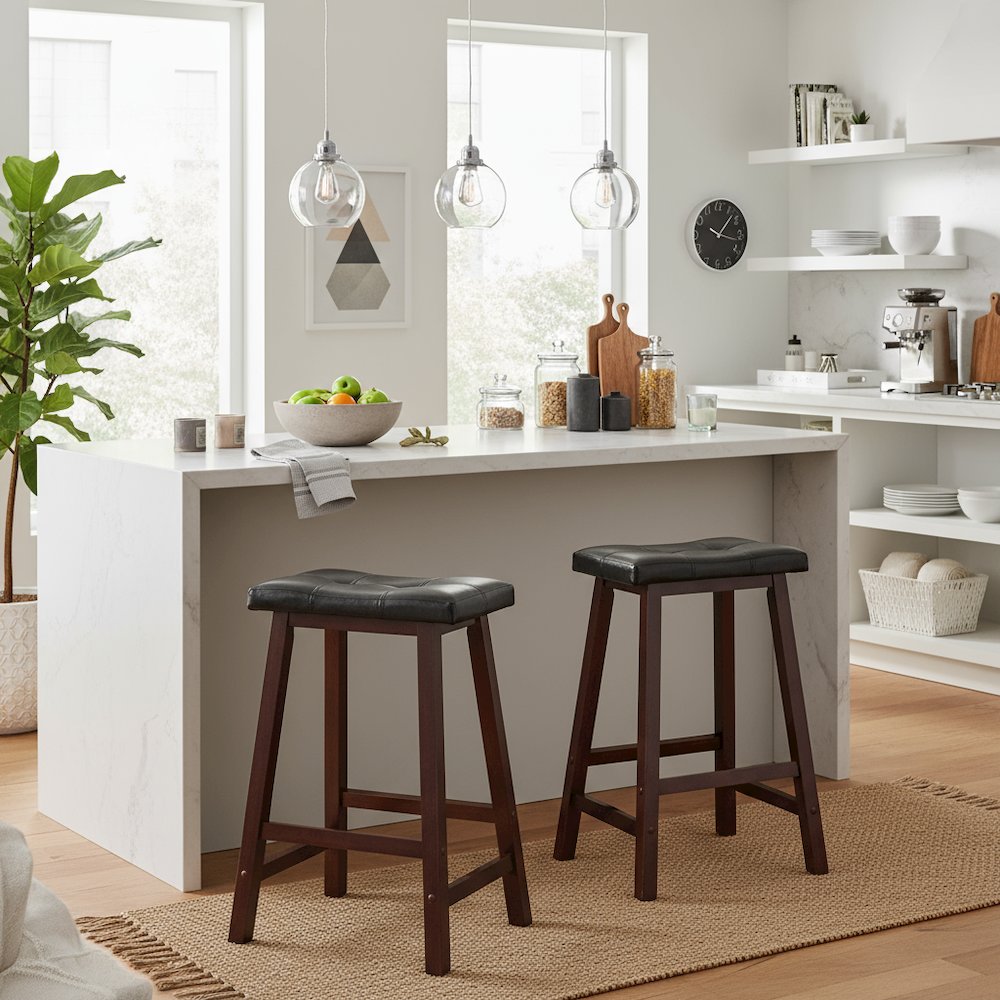 Black Faux Leather Saddle Seat Bar Stool, 24 Inch Counter Height Kitchen Stool