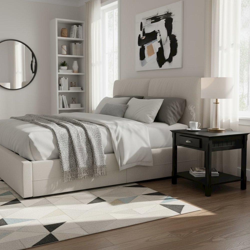 Side Table, Black End Table, Drawer and Shelf, Square Furniture