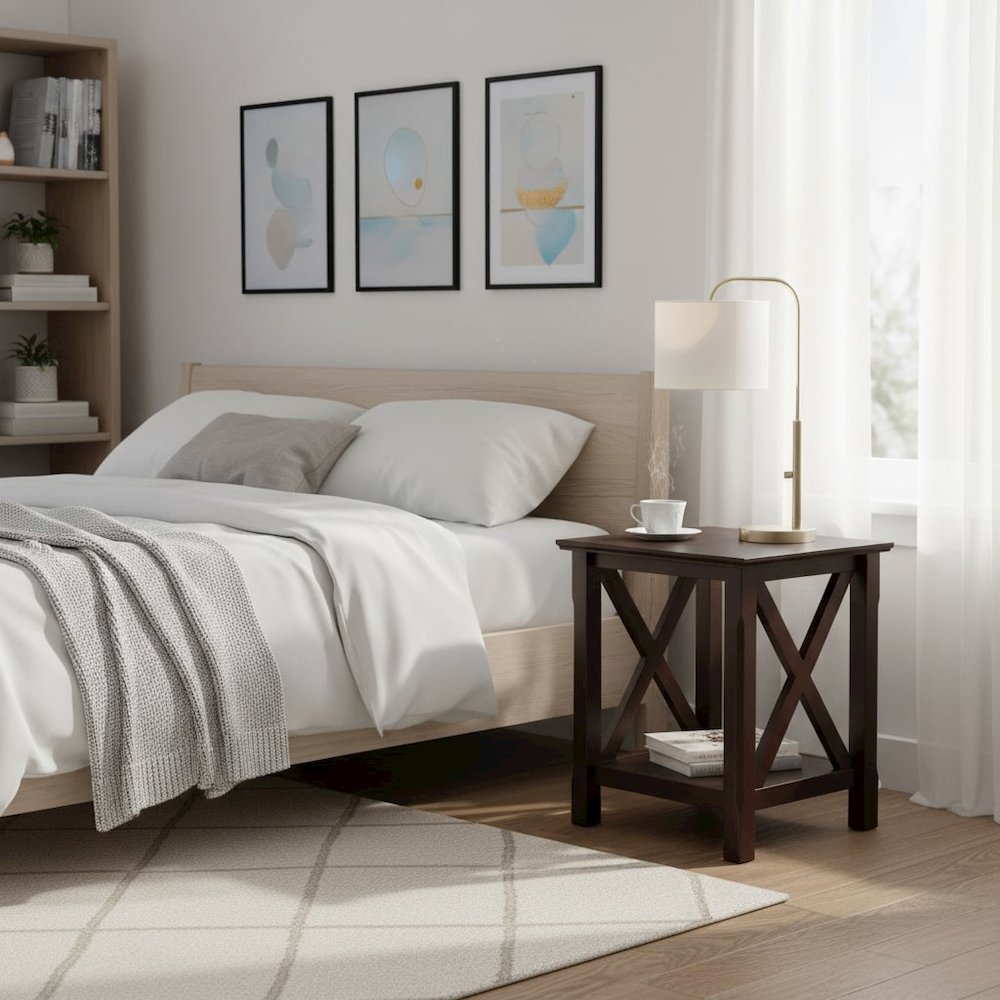 End Table, Brown X-Style Panels, Lower Shelf, Living Room Accent