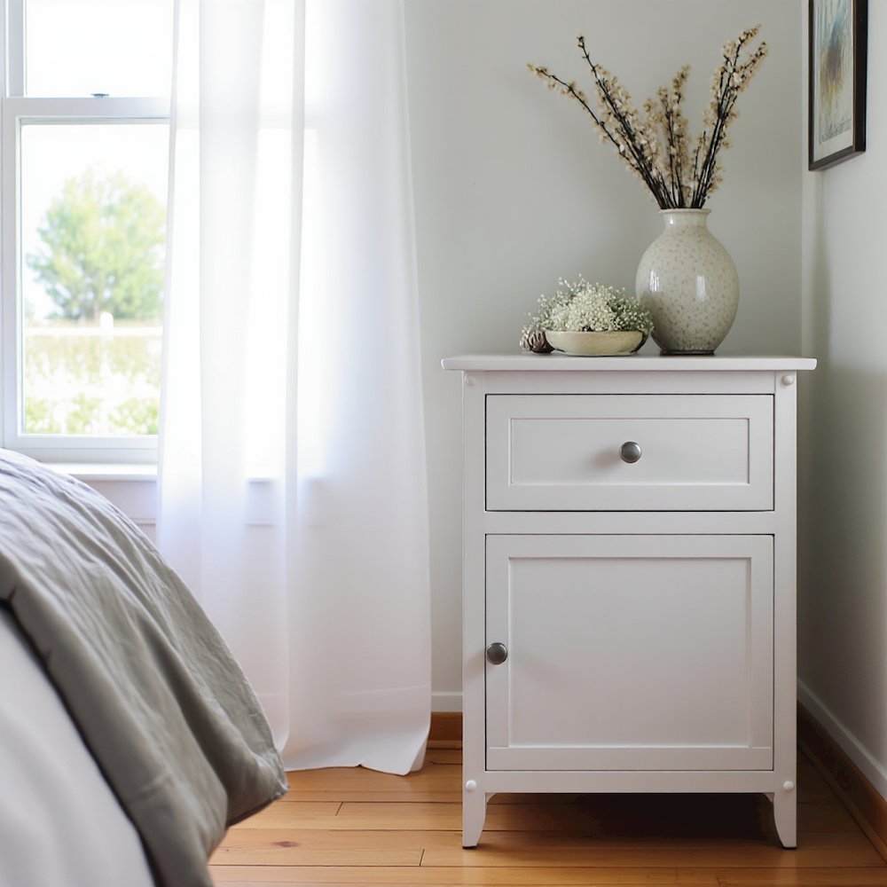 Farmhouse End Table With Storage in White Finish, Wooden Side Table And Drawer