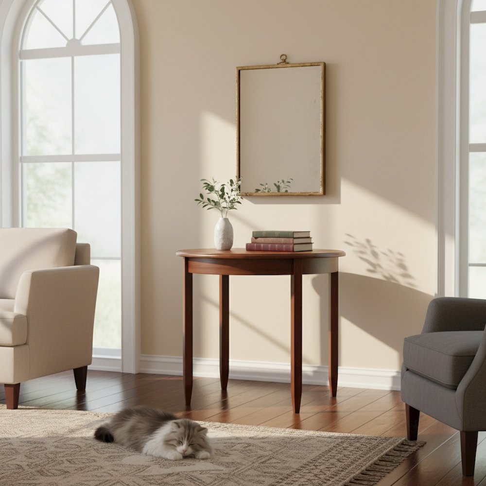 Solid Wood Half Moon Table in Antique Walnut Finish, Small Entry Table