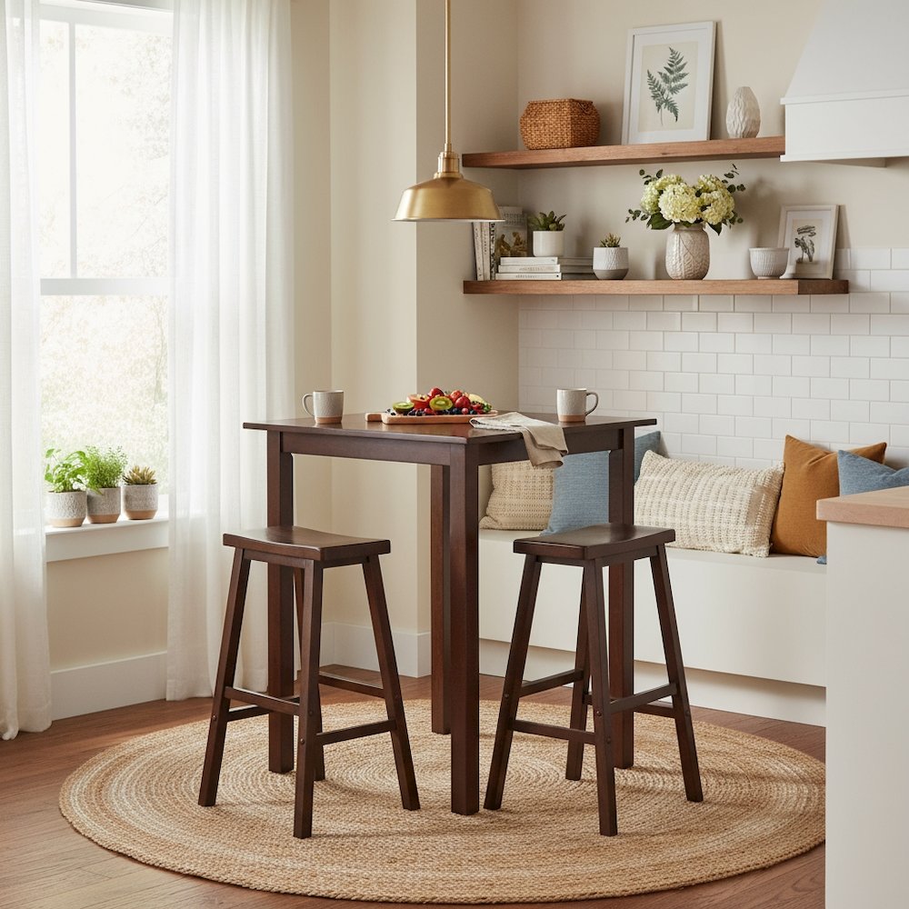 Square Pub Set, 2 Saddle Seat Stools, Solid Wood, Walnut