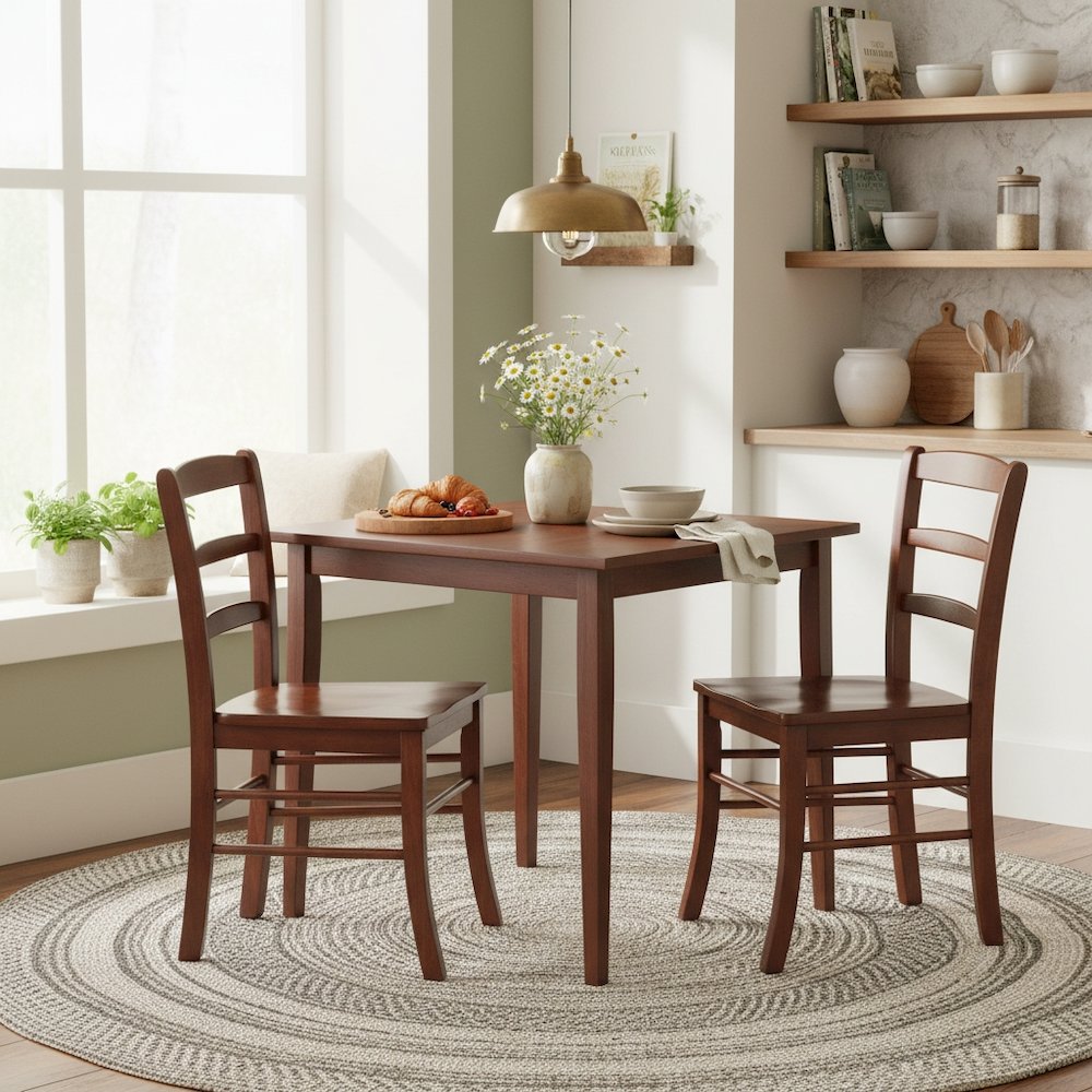 Square Dining Set, 3-Piece, 2 Ladder Back Chairs, Solid Wood