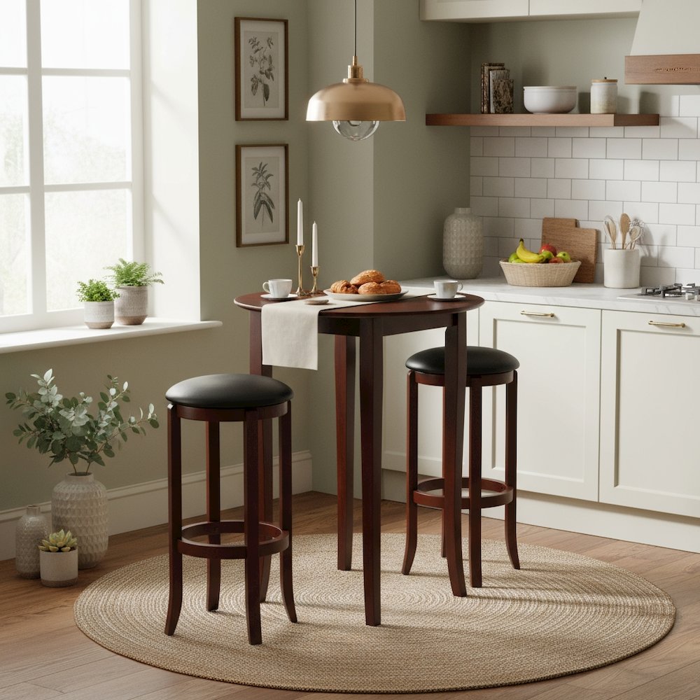 Round High Table Set, Solid Wood, 2 Stools, Black Faux Leather