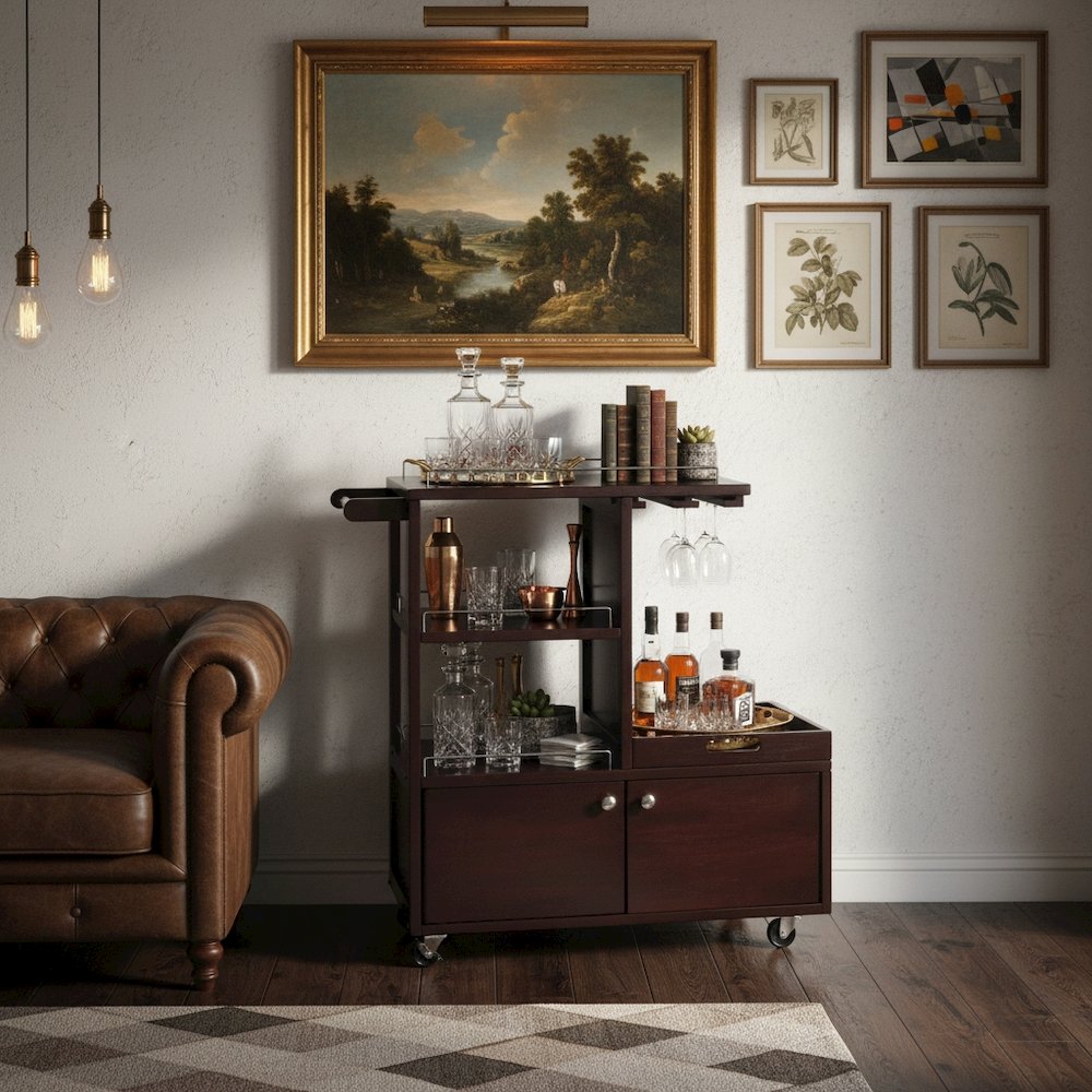 Wood Media Cart with Removable Tray, Adjustable Shelf, Cabinet Storage, Brown