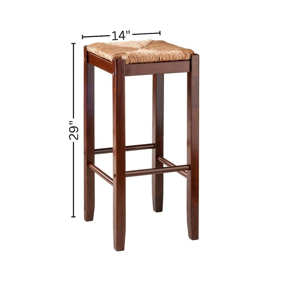 2-Piece Bar Stool Set, Rush Woven Seat, 29 Inch Height, Solid Wood, Brown