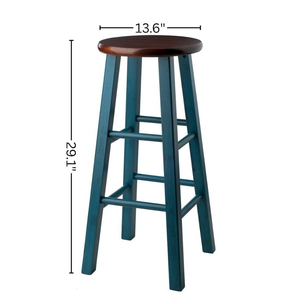 29" Rustic Teal Bar Stool, Round Solid Wood Seat, Fully Assembled