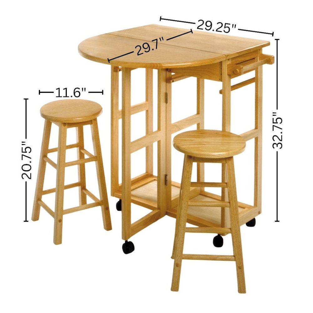 3-Pc Solid Wood Space Saver Dining Set with Drop Leaf Table, Brown