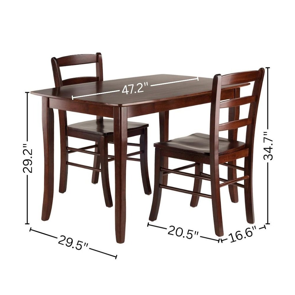 3-Piece Dining Set, Solid Wood Table, Two Ladderback Chairs, Brown Finish