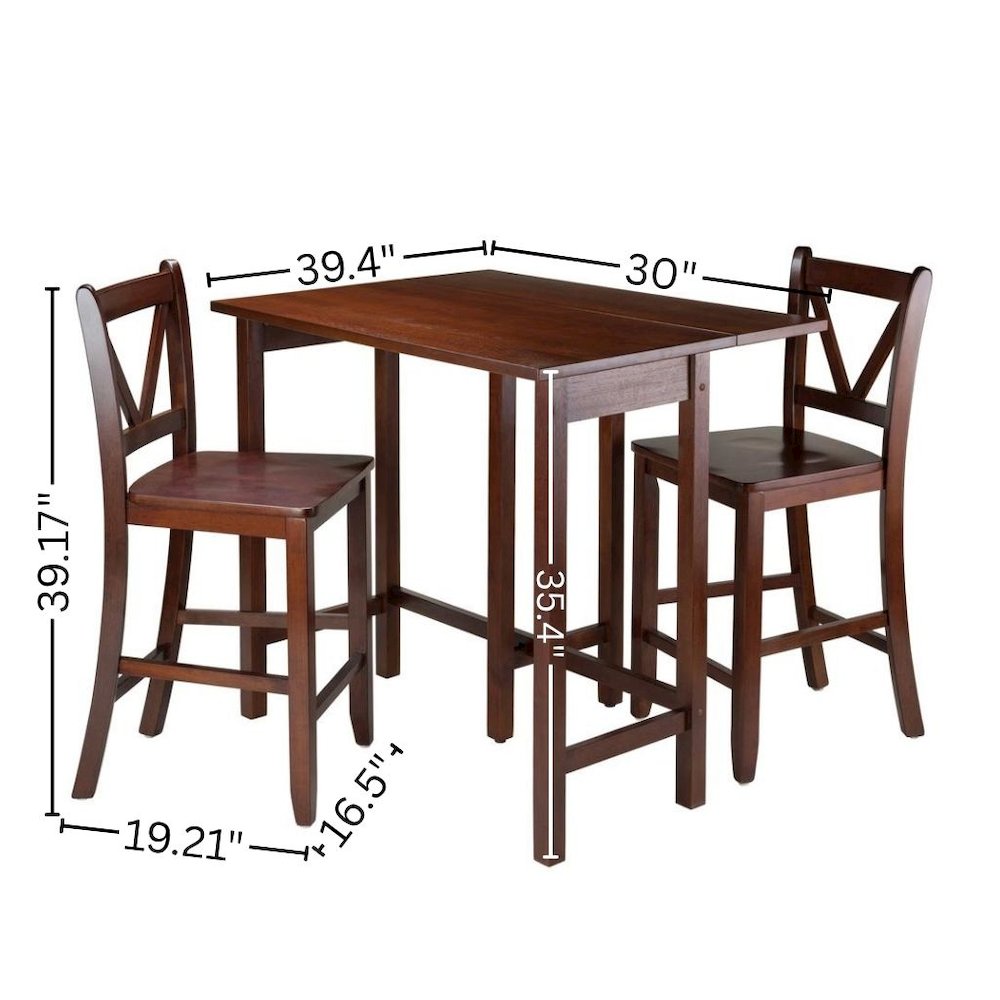 3-Piece Counter Height Dining Set, Drop Leaf Table, Two Stools, Solid Wood