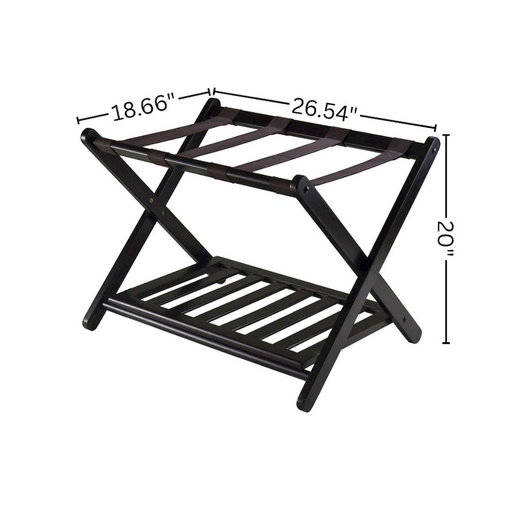 Foldable Luggage Rack with Shelf, Brown Nylon Straps, Slim Fold