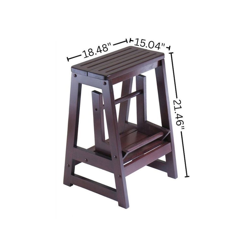 Solid Wood Two-Step Stool, Foldable Lower Step, Sturdy, Brown