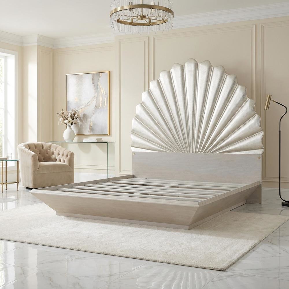 King Fan Bed in Silver Leaf for Elegant Bedroom Decor