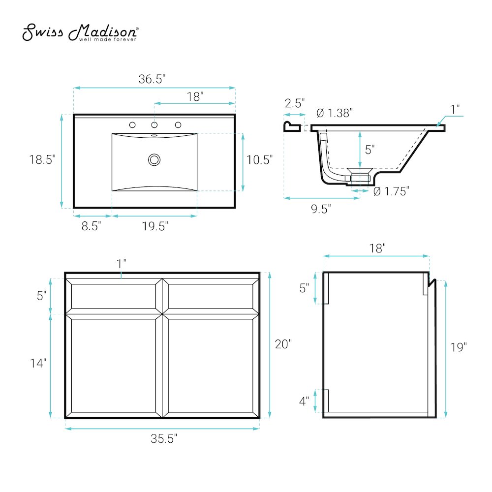 36" Wall-Mounted Bathroom Vanity in Brown Oak with 3-Hole Widespread Sink Top