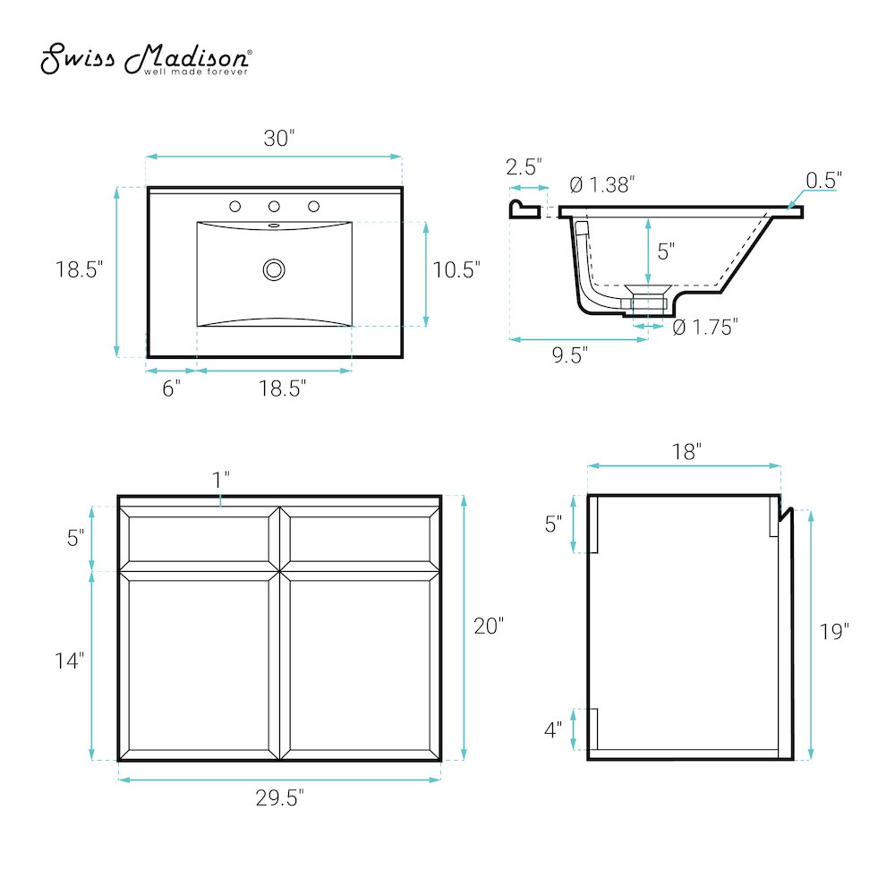 30" Wall-Mounted Bathroom Vanity in Brown Oak, Black 3-Hole Widespread Sink Top