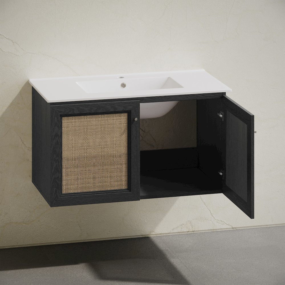 36" Wall-Mounted Bathroom Vanity in Black Oak with Single Faucet Hole Vanity Top
