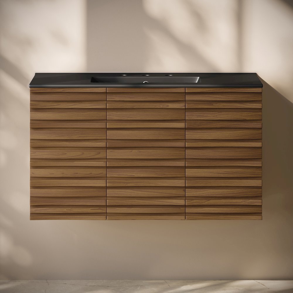 36" Wall-Mounted Bathroom Vanity in Brown Oak, Black 3-Hole Widespread Sink Top