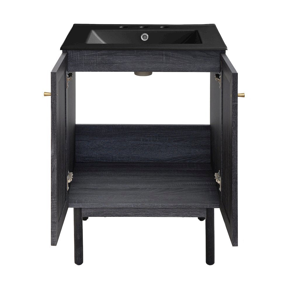 24" Freestanding Bathroom Vanity in Black Oak, Black 3-Hole Centerset Sink Top
