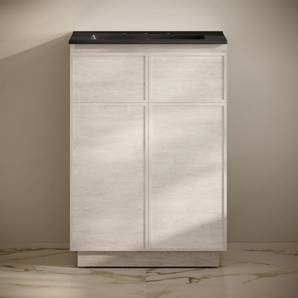 24" Freestanding Bathroom Vanity in White Oak, Black 3-Hole Widespread Sink Top
