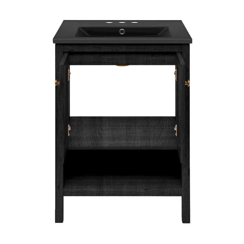 24" Freestanding Bathroom Vanity in Black Oak, Black 3-Hole Centerset Sink Top