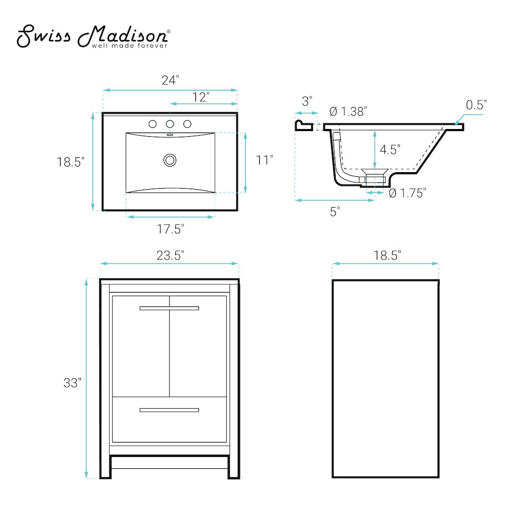 24" Freestanding Bathroom Vanity in Black Oak with 3-Hole Widespread Sink Top