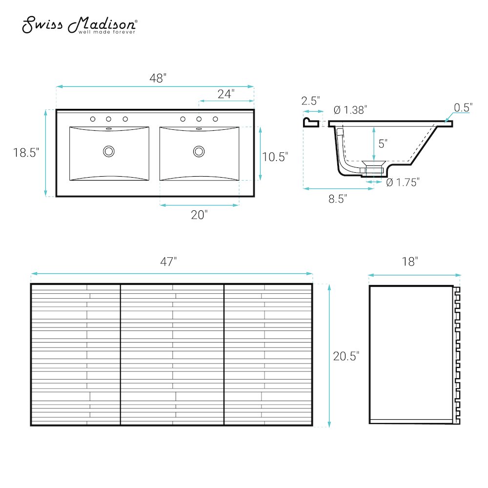 48" Wall-Mounted Bathroom Vanity in Natural Oak with 3-Hole Widespread Sink Top