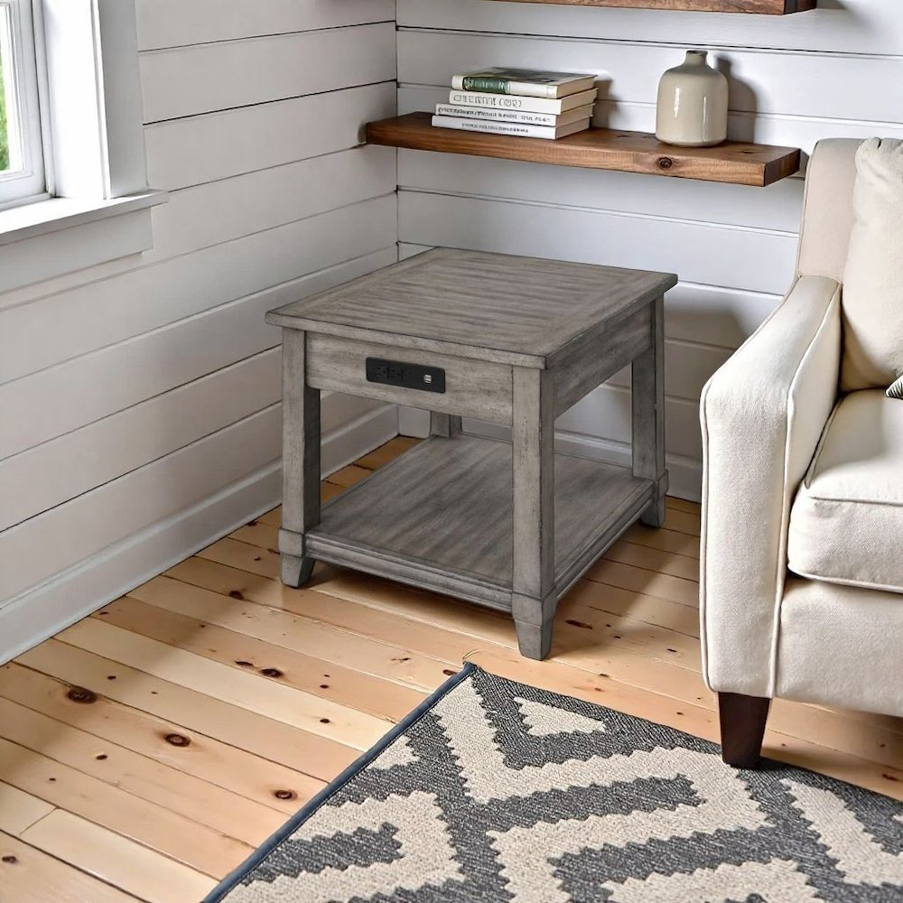 Gray Wooden Side Table with Drawer, USB Ports – End Tables Living Room