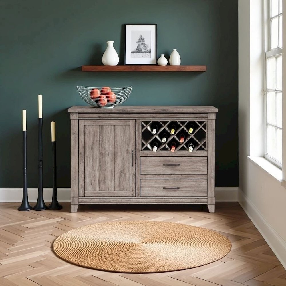 Gray Wine Cabinet with Doors – Rustic Bar Cabinet with Bottle Storage