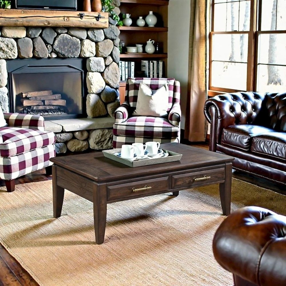 Brown Cocktail Table with 2 Drawers – Vintage Solid Wood Coffee Table