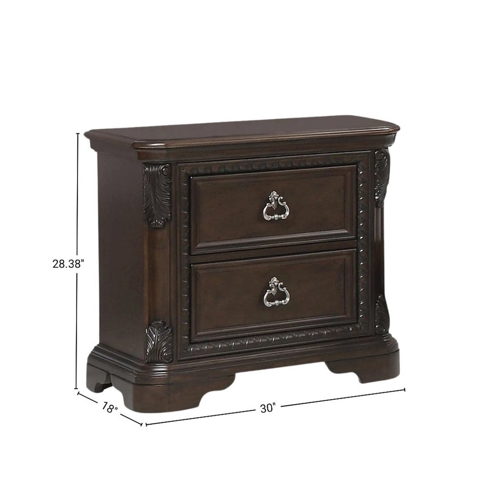 2 Drawer Cherry Nightstand, Dark Wood Bedside Table with Details