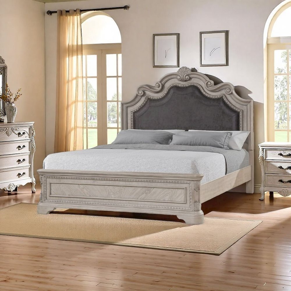 Grey Queen Bed Frame with Headboard and Vintage Carved Wood Details