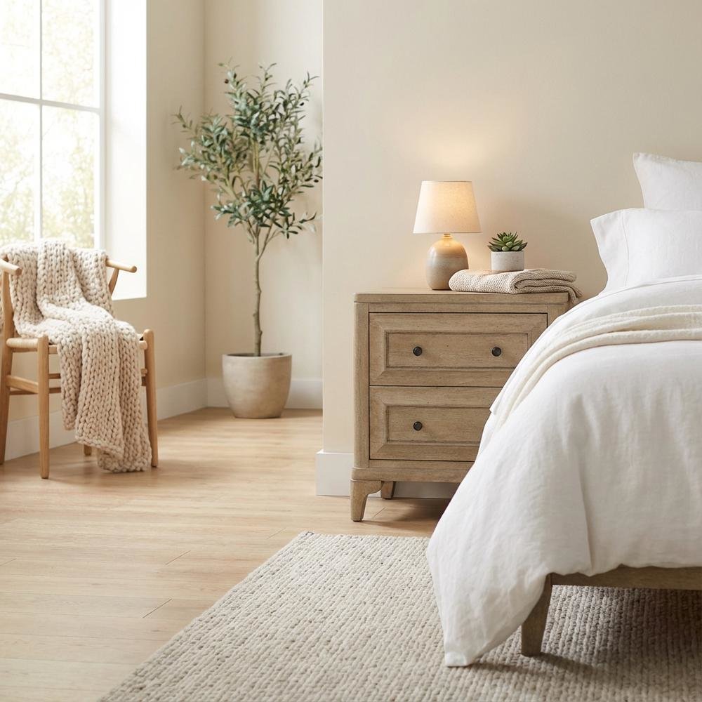 Sand-Colored Nightstand with Two Drawers and Transitional Casual Style