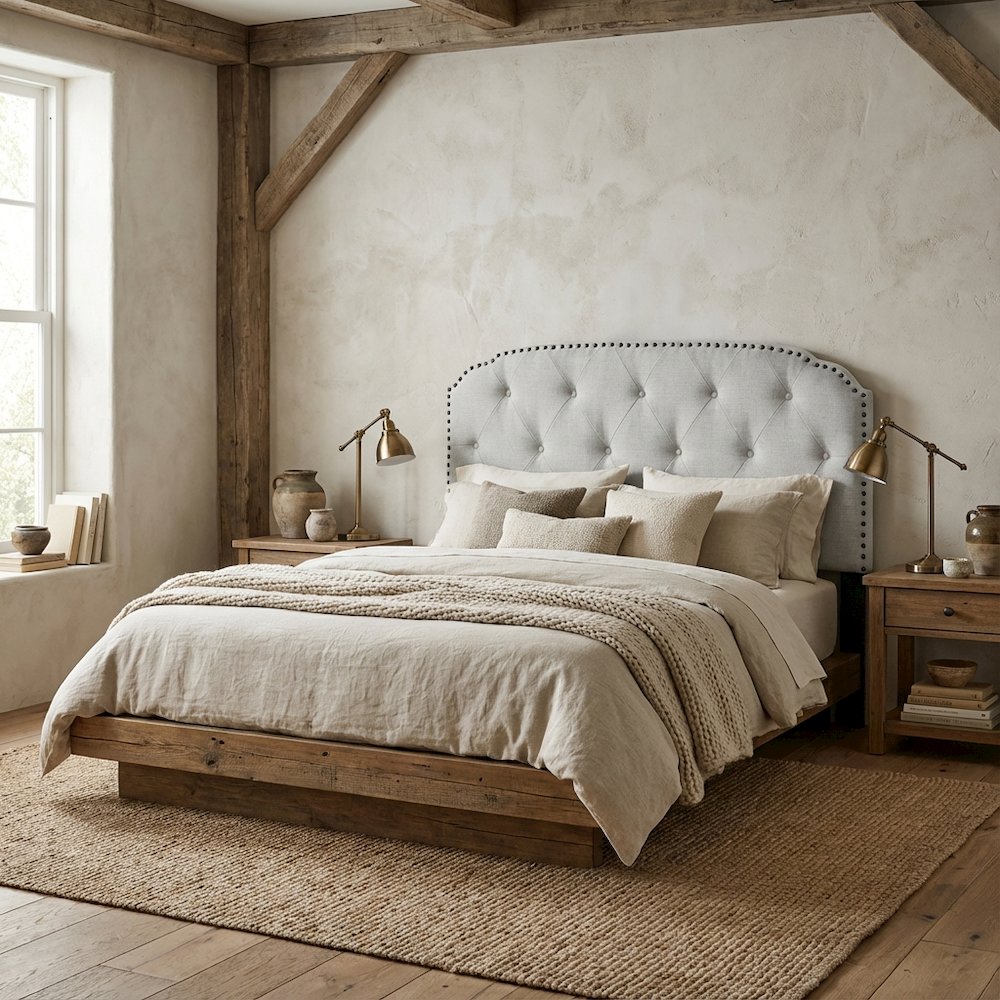 Light Gray Upholstered Queen Headboard, Solid Rubberwood Frame