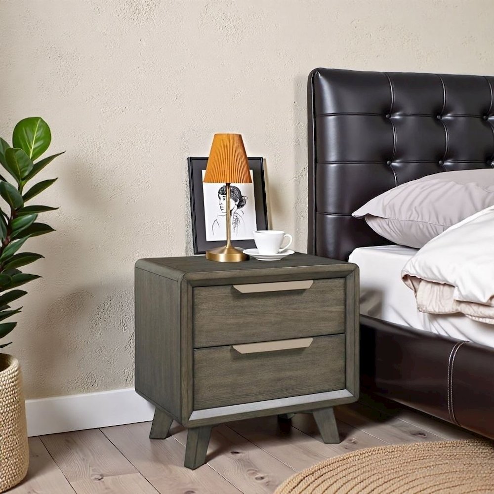 Dark Wood Two Drawer Nightstand with USB and Bronze Pulls on Block Feet