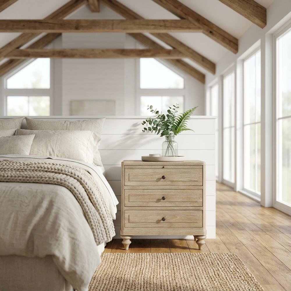 Sand-Colored Nightstand with 3 Drawers and Casual Transitional Style