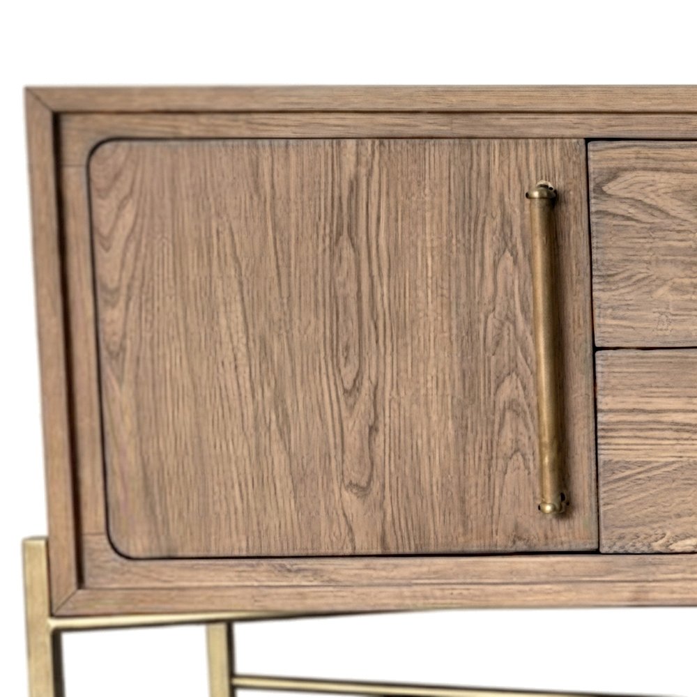 Elm Veneer Sideboard Buffet Cabinet with Metal Base, Transitional, Latte