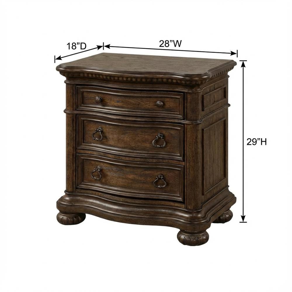 Mahogany Wooden Nightstand,3 Drawers, Solid Wood Construction, Warm Finish