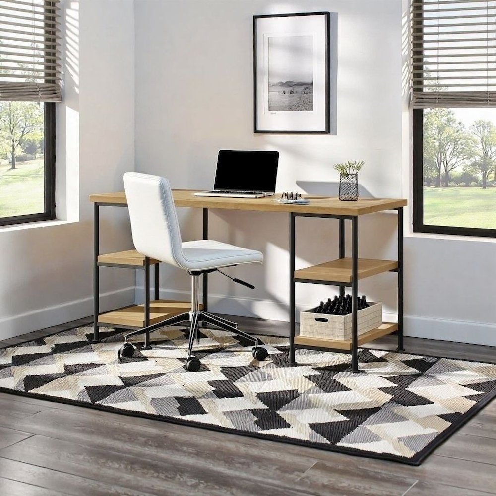 Golden Brown Wood Desk with Shelfs – Natural Oak Writing Table Design