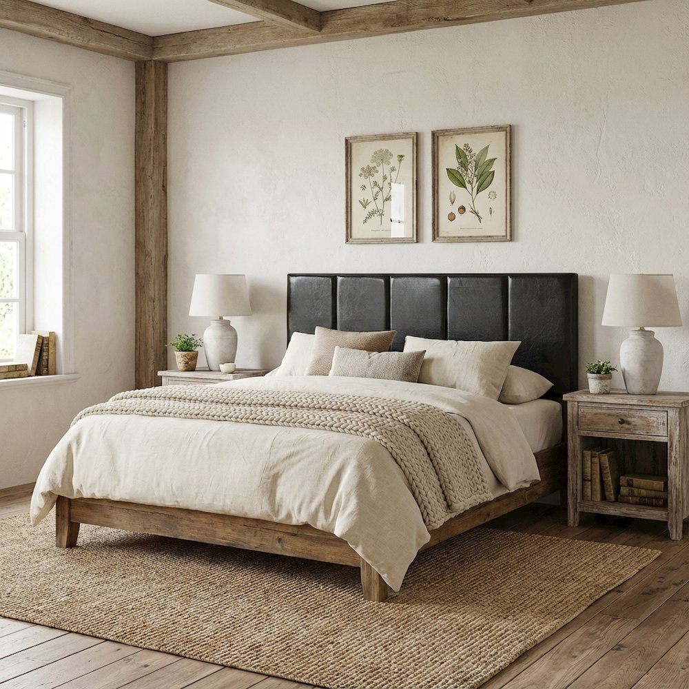 Black Upholstered Queen Headboard with Rubberwood Frame and Plush Padding