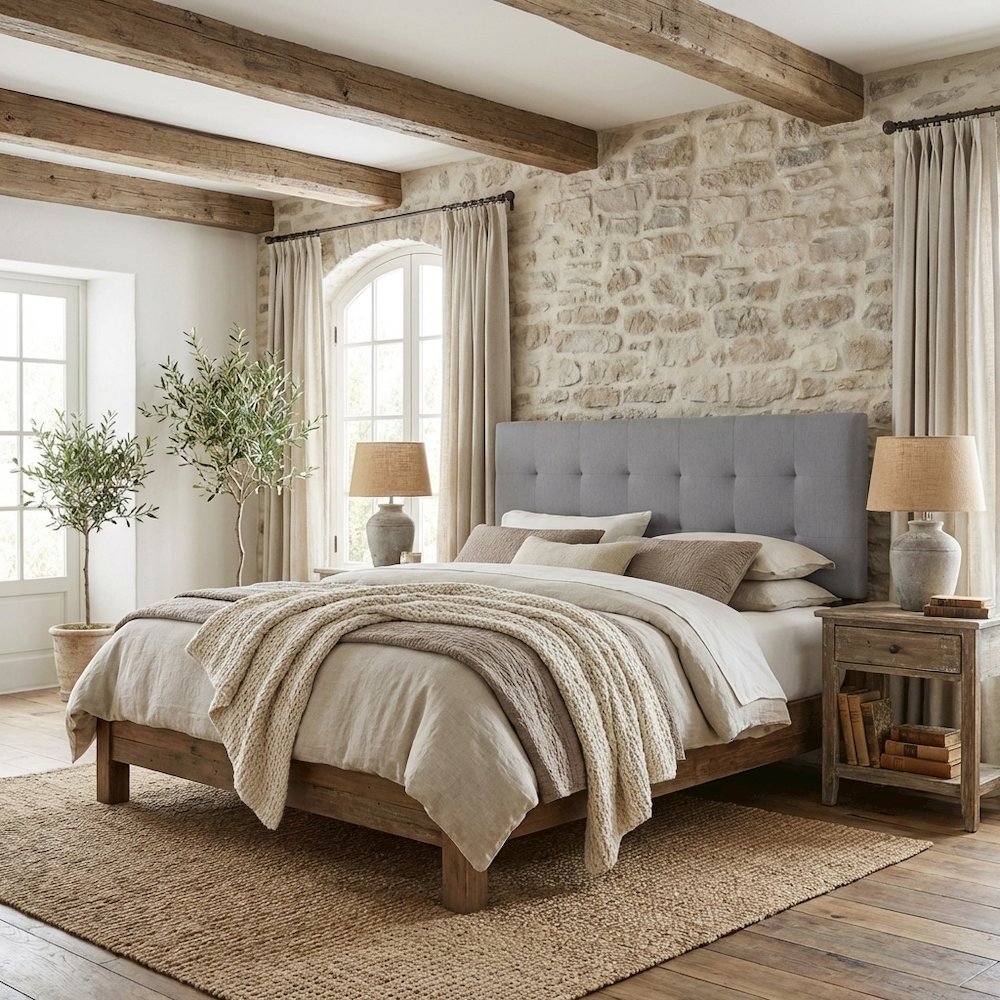 Gray Upholstered Queen Headboard with Rubberwood Frame and Padded Design